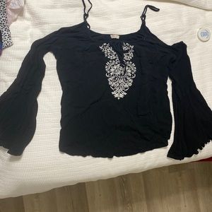 Hollister, black, cold shoulder top with white embroidery, size large